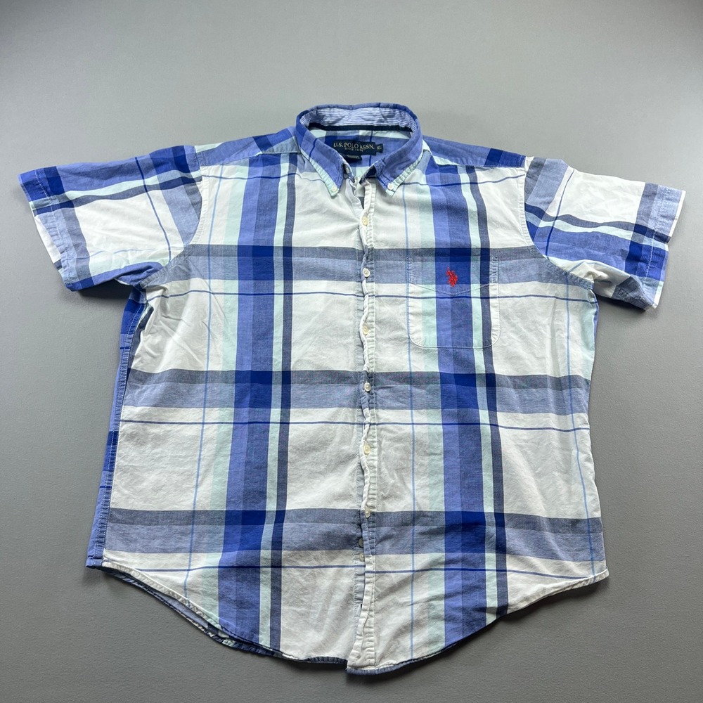 US Polo Assn Shirt Mens XL Blue White Plaid Cotton Back Box Pleated Button Down